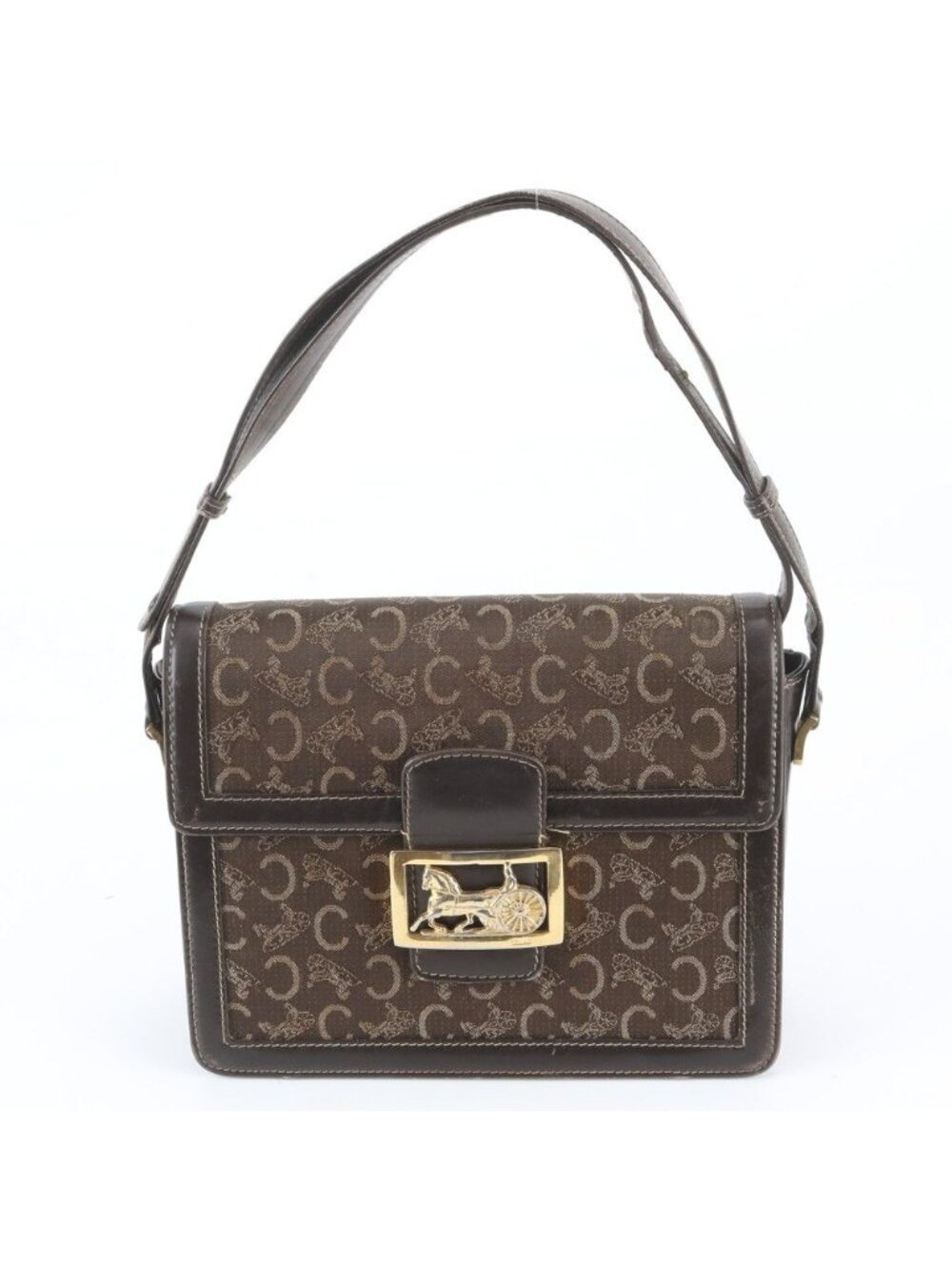 Celine Sulky Carriage Leather Canvas 2-Way Shoulder Bag Brown
